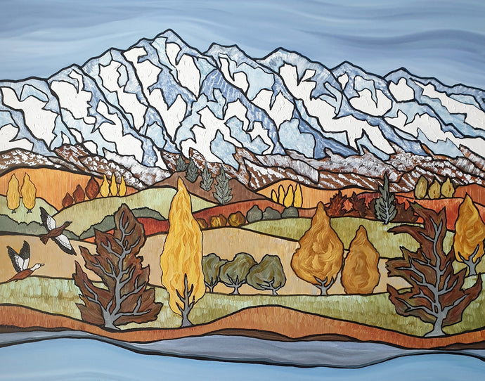 Painting by Miranda J. Caird titled “Taking Flight”, featuring two Paradise Ducks flying over autumn fields by Lake Wakatipu, with the snow-covered Remarkables mountains in the background.