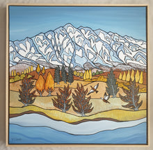 Load image into Gallery viewer, A stylised landscape painting by Miranda J. Caird featuring Lake Wakatipu, autumn trees, and the snow-capped Remarkables mountain range, with Paradise Ducks taking flight above the golden lakeshore.