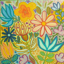 Load image into Gallery viewer, A colorful floral art painting featuring a dense arrangement of stylized flowers and leaves in bright yellow, blue, pink, green, and orange tones on a light background.