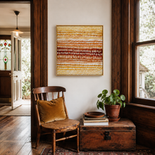 Load image into Gallery viewer, A framed abstract acrylic painting hangs in a villa with wooden floors and windows.
