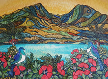 Load image into Gallery viewer,  I See You fine art print, kererū native pigeons with Mt Karioi and tidal estuary Raglan New Zealand, hand-signed by artist Miranda J Caird — available in 3 sizes