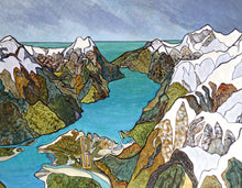 Load image into Gallery viewer, Natural Wonderland fine art print, aerial view of Milford Sound, Fiordland New Zealand, hand-signed by artist Miranda J Caird — available in 3 sizes"
