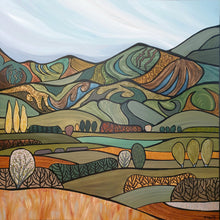 Load image into Gallery viewer, A stylized landscape painting of rolling hills and mountains with abstract shapes, curved lines, and textured fields in muted green, blue, brown, beige, and orange tones under a pale sky.