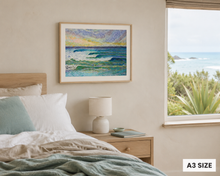 Load image into Gallery viewer, Pumping art print – A3 size – shown in coastal living room interior with linen armchair and ocean view