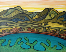 Load image into Gallery viewer, A stylized landscape painting featuring a layered green and gold mountain, a yellow-orange sky, and a turquoise  and green foreground with abstract black outlines.