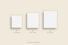Load image into Gallery viewer, Print size guide showing A4 (21×29.7cm), A3 (29.7×42cm) and A2 (42×59.4cm) — all prints unframed