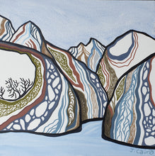 Load image into Gallery viewer, Rain-carved fiord landscape with steep layered cliffs, cascading waterfalls, and winding water channels cutting through shifting earth tones into the fiord below