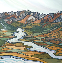 Load image into Gallery viewer, Stylised New Zealand mountain valley with a winding river flowing through layered ridgelines in earthy greens, ochres and greys.