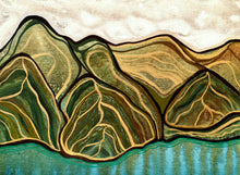Load image into Gallery viewer, Abstracted local coastal cliffs viewed from the ocean with layered green and earth-toned forms, fine metallic contour lines and turquoise water, framed in natural timber.