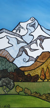 Load image into Gallery viewer, Stylised mountain landscape painting by Miranda J. Caird titled An Elevated Feeling, featuring abstract snow-capped peaks, textured hills, and rhythmic lines in earthy and green tones.
