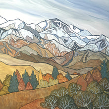 Load image into Gallery viewer, Stylised New Zealand landscape with snow-capped mountains above warm golden rolling hills, layered ridgelines and a soft pastel sky.