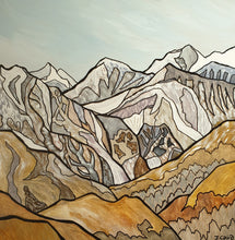 Load image into Gallery viewer, Stylised aerial view of fractured mountain peaks in layered grey tones, with visible ridgelines, cracks, and crevices creating depth and movement.