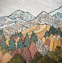 Load image into Gallery viewer, Stylised New Zealand alpine landscape painting with patterned forests in autumn colours, golden hills and layered snow-capped mountains beneath a softly textured sky.