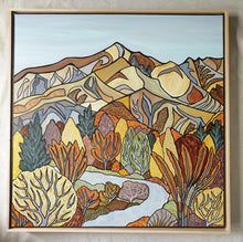Load image into Gallery viewer, Painting titled “Wandering” by Miranda J. Caird — stylised mountain and forest landscape with a soft path leading into autumn trees and ochre hills.