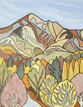 Load image into Gallery viewer, Painting titled “Whispering Earth” by Miranda J. Caird — stylised mountain landscape in earthy ochres, greens, and golds with layered trees and gentle sky tones.