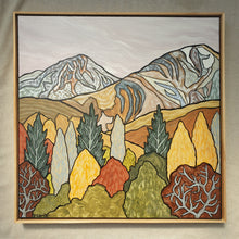 Load image into Gallery viewer, Stylised New Zealand landscape painting with patterned golden hills, tall slender trees, and layered mountains showing folded rock formations in earthy ochres, greens and greys.
