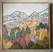 Load image into Gallery viewer, Stylised New Zealand alpine landscape painting with patterned forests in autumn colours, golden hills and layered snow-capped mountains beneath a softly textured sky.