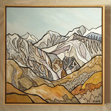 Load image into Gallery viewer, Stylised aerial view of fractured mountain peaks in layered grey tones, with visible ridgelines, cracks, and crevices creating depth and movement.