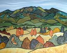 Load image into Gallery viewer, “Beyond The Boundary” by Miranda J. Caird — New Zealand landscape painting featuring a Kākā flying over Sanctuary Mountain Maungatautari, Waikato.
