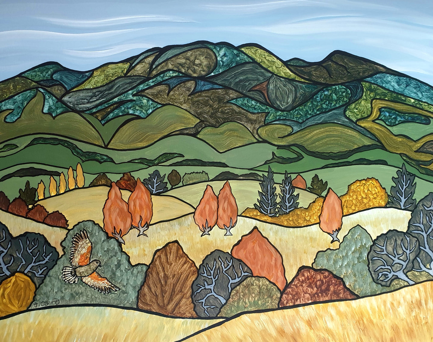 “Beyond The Boundary” by Miranda J. Caird — New Zealand landscape painting featuring a Kākā flying over Sanctuary Mountain Maungatautari, Waikato.