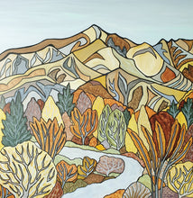 Load image into Gallery viewer, Painting titled “Wandering” by Miranda J. Caird — stylised mountain and forest landscape with a soft path leading into autumn trees and ochre hills.
