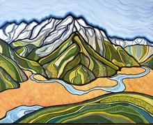 Load image into Gallery viewer, Stylised painting of the Routeburn Track.A famous hiking trail  by New Zealand Artist Miranda J Caird