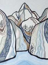 Load image into Gallery viewer, Alt text:
Stylised mountain landscape with layered ridgelines and flowing waterfall forms, rendered in soft blues, greys, and earthy tones with bold dark outlines.