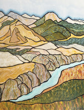 Load image into Gallery viewer, Stylised landscape painting in a floating frame by Miranda J Caird. Golds, browns greens. 