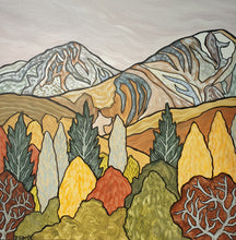 Load image into Gallery viewer, Stylised New Zealand landscape painting with patterned golden hills, tall slender trees, and layered mountains showing folded rock formations in earthy ochres, greens and greys.