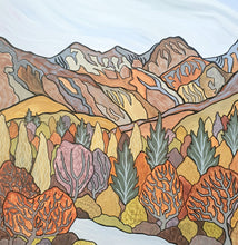 Load image into Gallery viewer, Stylised landscape painting by Miranda J. Caird showing layered mountain ridges and autumn trees in warm ochres, golds, and greens, painted in a flowing, textural style.