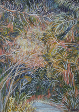 Load image into Gallery viewer, Alt text:
A delicate, lacelike mixed-media painting titled Caught In The Headlights by Miranda J. Caird, depicting dense native foliage illuminated in layered tones of gold, green, and violet, with gestural white lines suggesting the foliage caught in headlights down a backoad.