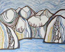 Load image into Gallery viewer, Alt Text (for accessibility &amp; SEO):
Minimalist abstract mountain landscape with simplified forms, exposed internal patterns, calm blue water foreground, and a softly textured sky.