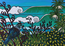 Load image into Gallery viewer, A tui checks out the surf perched on a flax flower . Blues and greens mingle  in this archival art print available in in multiple standard sizes. 