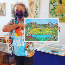 Load image into Gallery viewer, Aroha fine art print by Miranda J Caird, customer holding print at Raglan market, colourful New Zealand landscape artwork