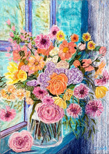 Load image into Gallery viewer, A colorful floral artwork depicting a vase with various flowers on a window sill, signed and titled 'On The Window Sill'.